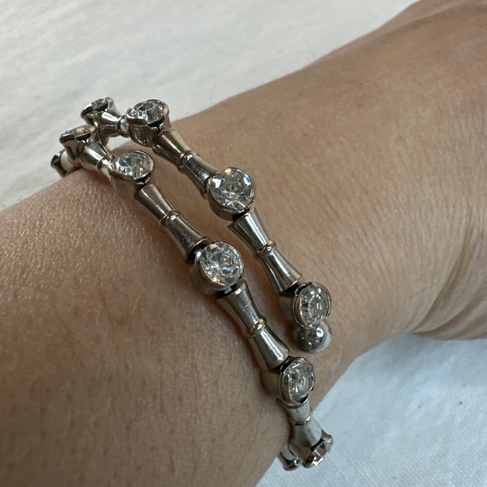Memory Wire Wrap Bracelet Rhinestone Silver Tone Boho Dainty Costume Jewelry